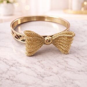 Gold Tone Bow Bangle Bracelet Leopard Print Enamel Mesh Bow Statement Bracelet